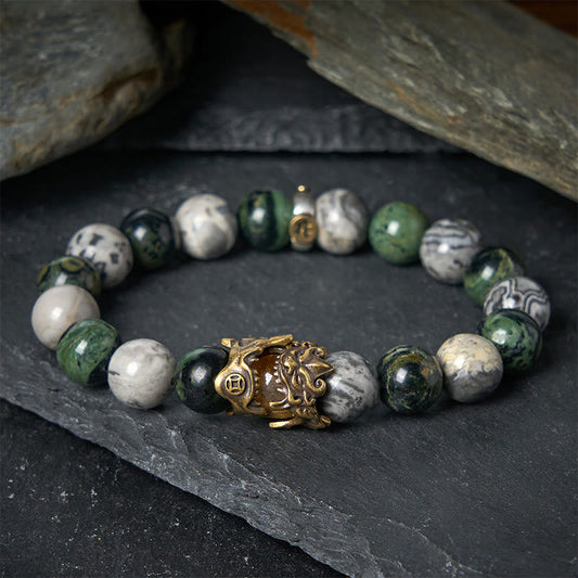 Buddha Stones Natural Grey Jasper Kambamba Jasper Citrine Horse Zodiac PiXiu Protection Bracelet