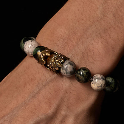 Buddha Stones Natural Grey Jasper Kambamba Jasper Citrine Horse Zodiac PiXiu Protection Bracelet