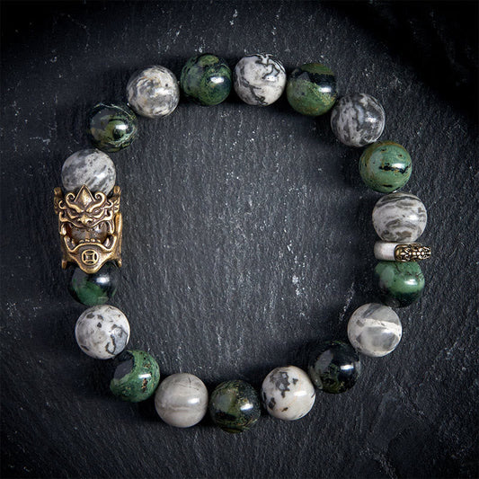 Buddha Stones Natural Grey Jasper Kambamba Jasper Citrine Horse Zodiac PiXiu Protection Bracelet