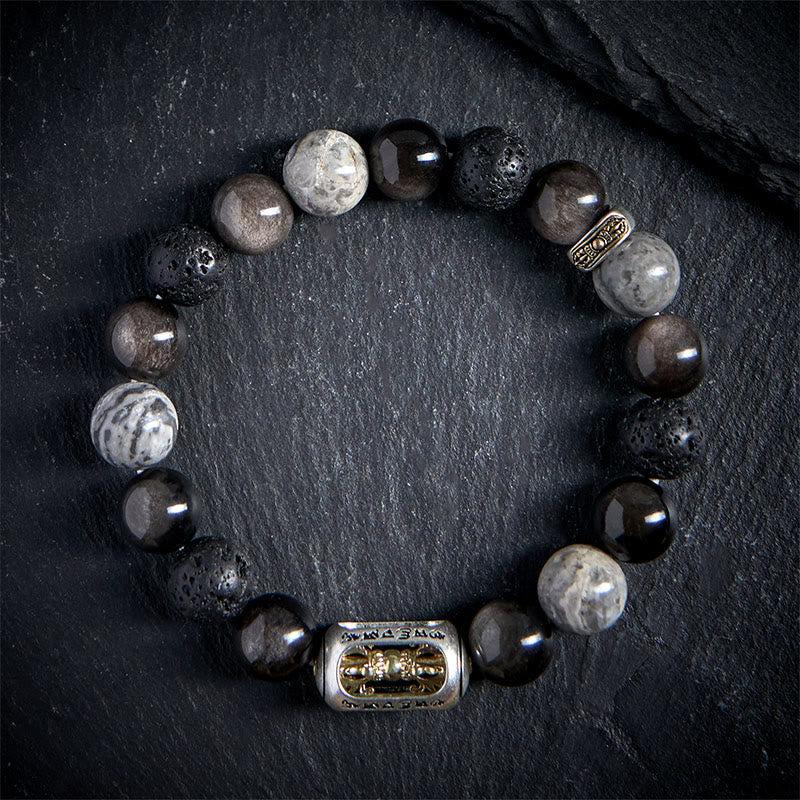 FREE Today: Soothing Silver Sheen Obsidian Lava Rock Grey Jasper Om Mani Padme Hum Vajra Bracelet