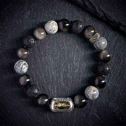 FREE Today: Soothing Silver Sheen Obsidian Lava Rock Grey Jasper Om Mani Padme Hum Vajra Bracelet