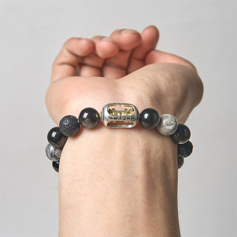 FREE Today: Soothing Silver Sheen Obsidian Lava Rock Grey Jasper Om Mani Padme Hum Vajra Bracelet