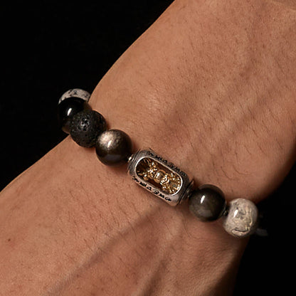 FREE Today: Soothing Silver Sheen Obsidian Lava Rock Grey Jasper Om Mani Padme Hum Vajra Bracelet
