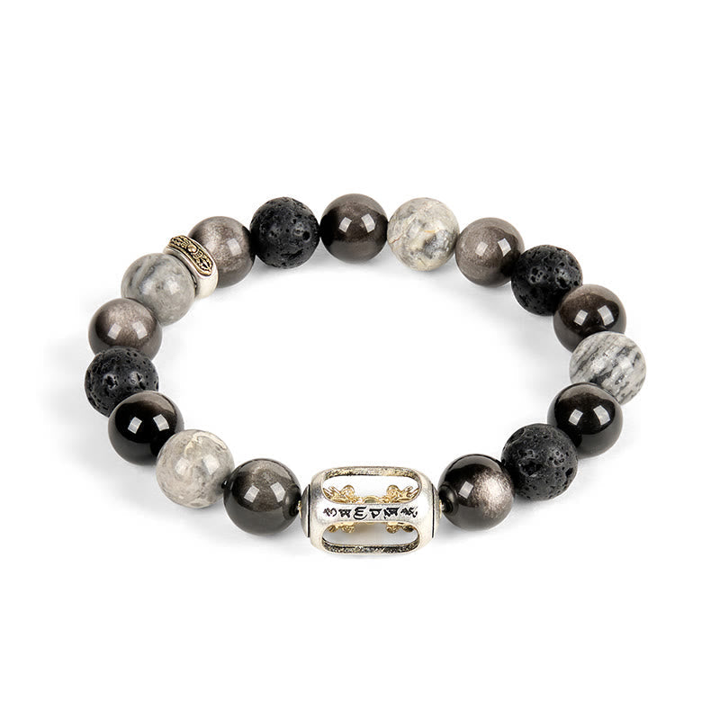 FREE Today: Soothing Silver Sheen Obsidian Lava Rock Grey Jasper Om Mani Padme Hum Vajra Bracelet