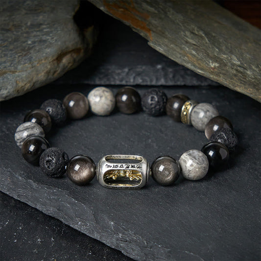 FREE Today: Soothing Silver Sheen Obsidian Lava Rock Grey Jasper Om Mani Padme Hum Vajra Bracelet