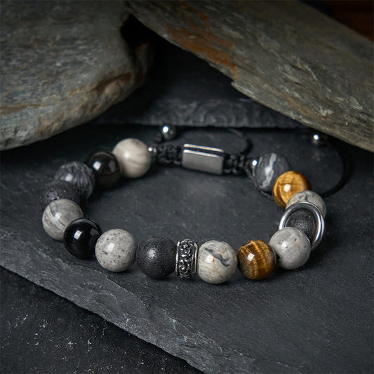 FREE Today: Healing Protection Grey Jasper Lava Rock Silver Sheen Obsidian Tiger Eye Bracelet