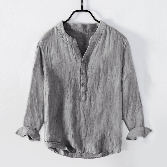 Buddha Stones Solid Color Long Sleeve Half Button Shirt Cotton Linen Men Clothing