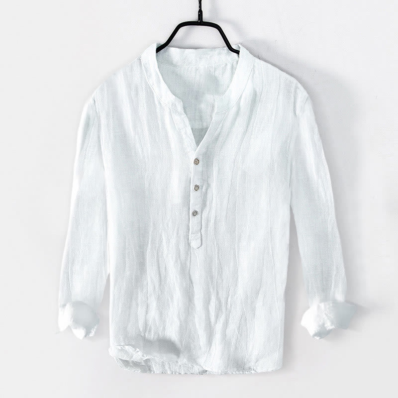 Buddha Stones Solid Color Long Sleeve Half Button Shirt Cotton Linen Men Clothing