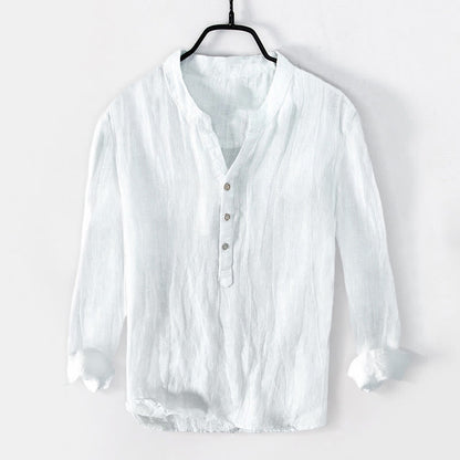 Buddha Stones Solid Color Long Sleeve Half Button Shirt Cotton Linen Men Clothing