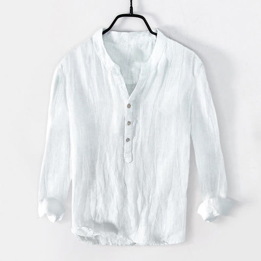 Buddha Stones Solid Color Long Sleeve Half Button Shirt Cotton Linen Men Clothing