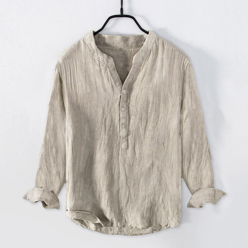 Buddha Stones Solid Color Long Sleeve Half Button Shirt Cotton Linen Men Clothing