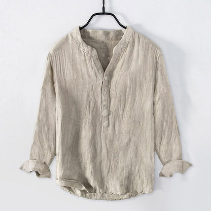 Buddha Stones Solid Color Long Sleeve Half Button Shirt Cotton Linen Men Clothing