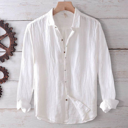 Buddha Stones Men's Shirt Solid Color Lapel Top Long Sleeve Comfy Button Crease Cotton Linen Shirt
