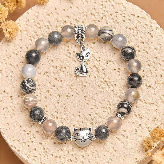 Buddha Stones Birman Cat Natural Grey Jasper Agate Bead Healing Bracelet