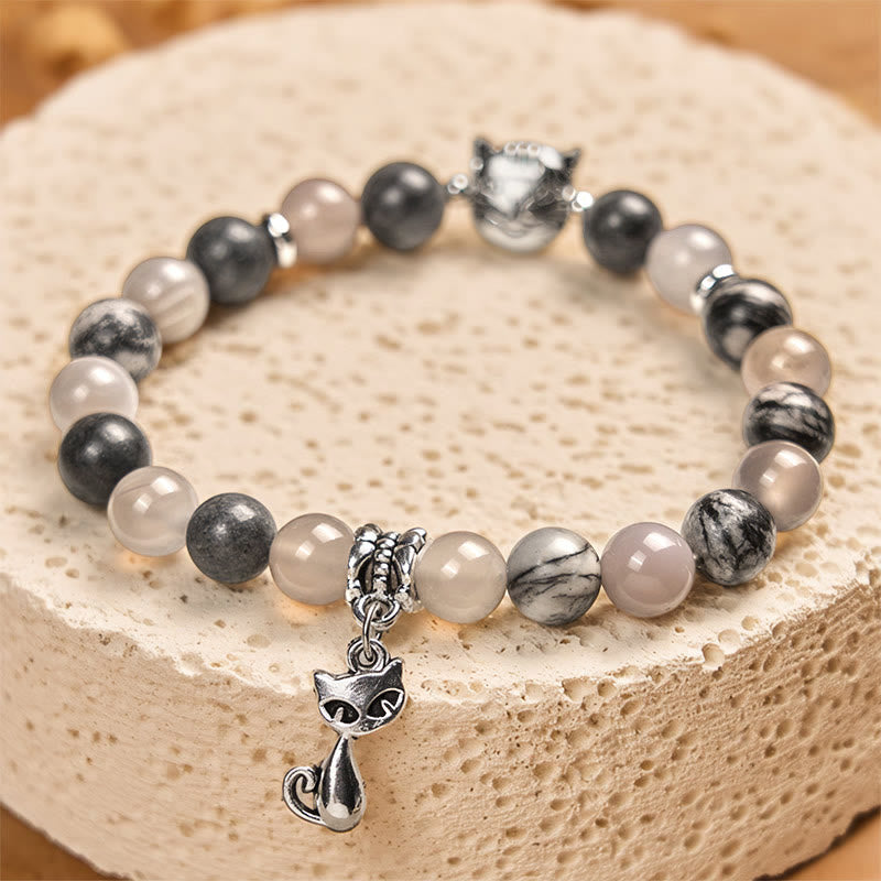 Buddha Stones Birman Cat Natural Grey Jasper Agate Bead Healing Bracelet