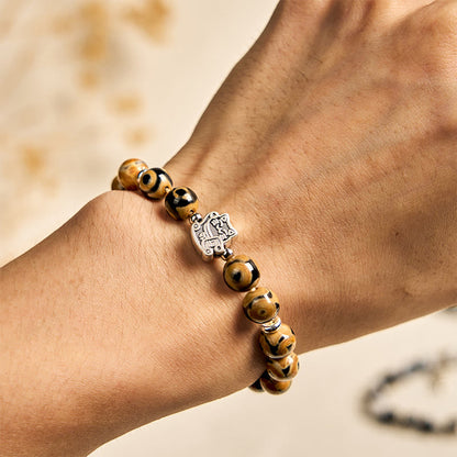 Buddha Stones 925 Sterling Silver Brown Tabby Cat Stone Bead Blessings Bracelet