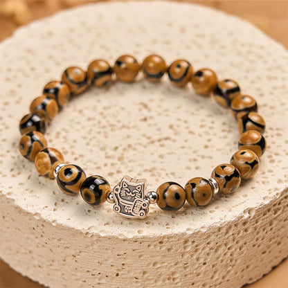 Buddha Stones 925 Sterling Silver Brown Tabby Cat Stone Bead Blessings Bracelet