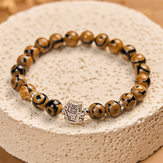 Buddha Stones 925 Sterling Silver Brown Tabby Cat Stone Bead Blessings Bracelet