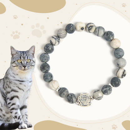 Buddha Stones 925 Sterling Silver Grey Tabby Cat Natural Black Veined Jasper Stability Bracelet
