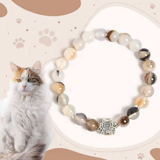 Buddha Stones 925 Sterling Silver Calico Cat Natural Agate Stone Protection Bracelet