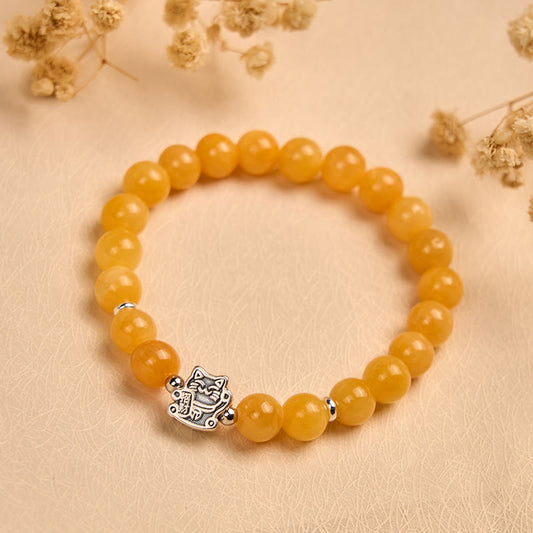 Buddha Stones 925 Sterling Silver Orange Tabby Cat Yellow Chalcedony Positivity Bracelet