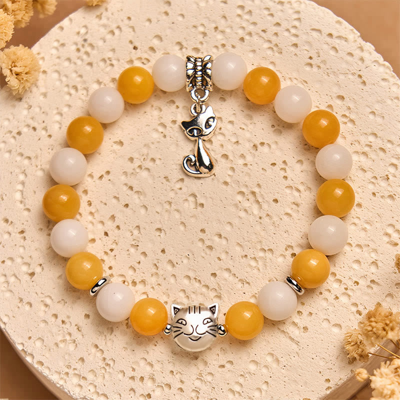 Buddha Stones Orange White Tabby Cat Yellow Chalcedony White Chalcedony Peace Bracelet