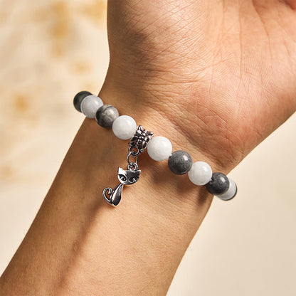 Buddha Stones Grey Tabby Cat Natural Black Veined Jasper White Chalcedony Stability Bracelet