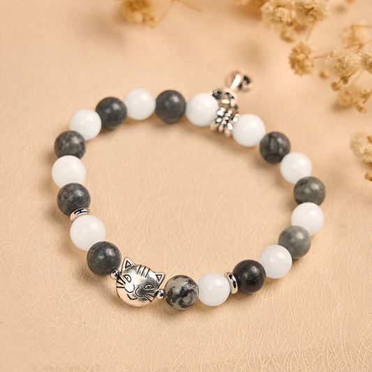 Buddha Stones Grey Tabby Cat Natural Black Veined Jasper White Chalcedony Stability Bracelet