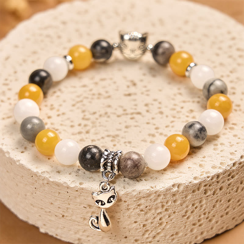 Buddha Stones Calico Cat Natural Grey Jasper Chalcedony Bead Healing Bracelet