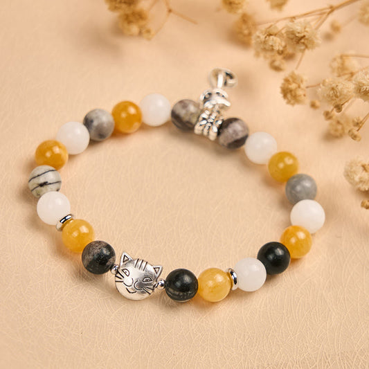 Buddha Stones Calico Cat Natural Grey Jasper Chalcedony Bead Healing Bracelet