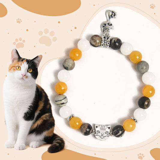 Buddha Stones Calico Cat Natural Grey Jasper Chalcedony Bead Healing Bracelet