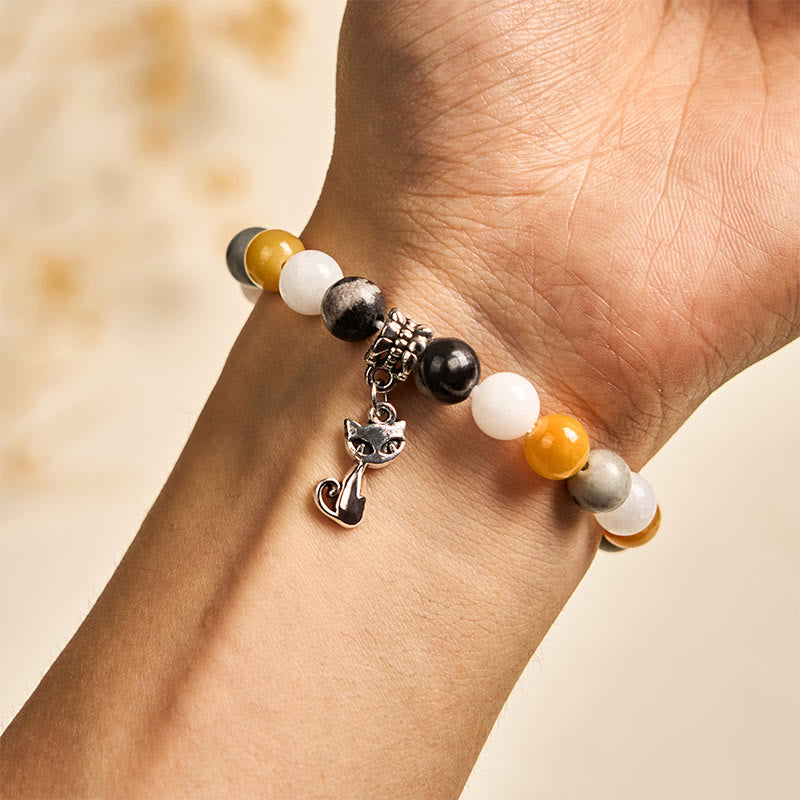 Buddha Stones Calico Cat Natural Grey Jasper Chalcedony Bead Healing Bracelet