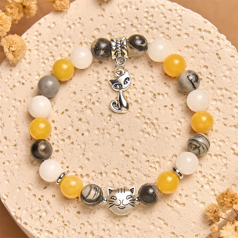 Buddha Stones Calico Cat Natural Grey Jasper Chalcedony Bead Healing Bracelet