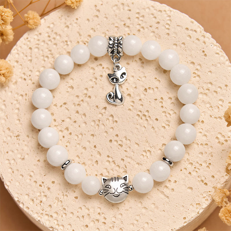Buddha Stones White Cat Natural White Chalcedony Bead Positive Bracelet