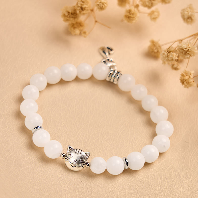 Buddha Stones White Cat Natural White Chalcedony Bead Positive Bracelet
