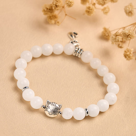 Buddha Stones White Cat Natural White Chalcedony Bead Positive Bracelet