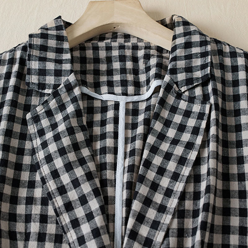 Buddha Stones Commute Plaid Pattern Women's Cotton Lapel Long Sleeve Jacket With Pockets