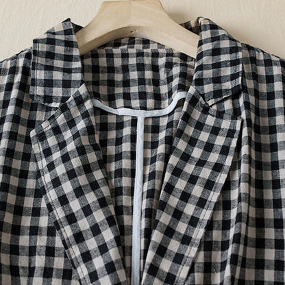 Buddha Stones Commute Plaid Pattern Women's Cotton Lapel Long Sleeve Jacket With Pockets
