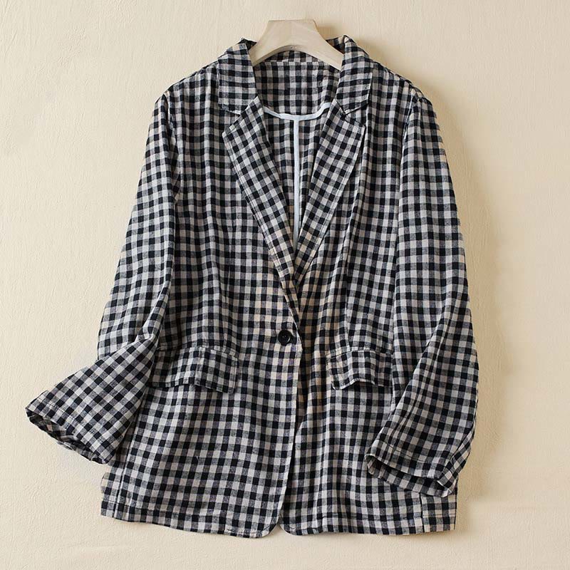 Buddha Stones Commute Plaid Pattern Women's Cotton Lapel Long Sleeve Jacket With Pockets