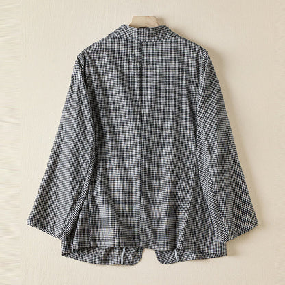 Buddha Stones Commute Plaid Pattern Women's Cotton Lapel Long Sleeve Jacket With Pockets