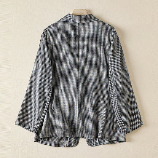 Buddha Stones Commute Plaid Pattern Women's Cotton Lapel Long Sleeve Jacket With Pockets