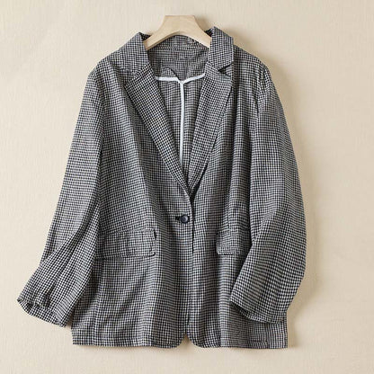 Buddha Stones Commute Plaid Pattern Women's Cotton Lapel Long Sleeve Jacket With Pockets