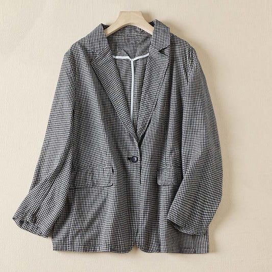 Buddha Stones Commute Plaid Pattern Women's Cotton Lapel Long Sleeve Jacket With Pockets