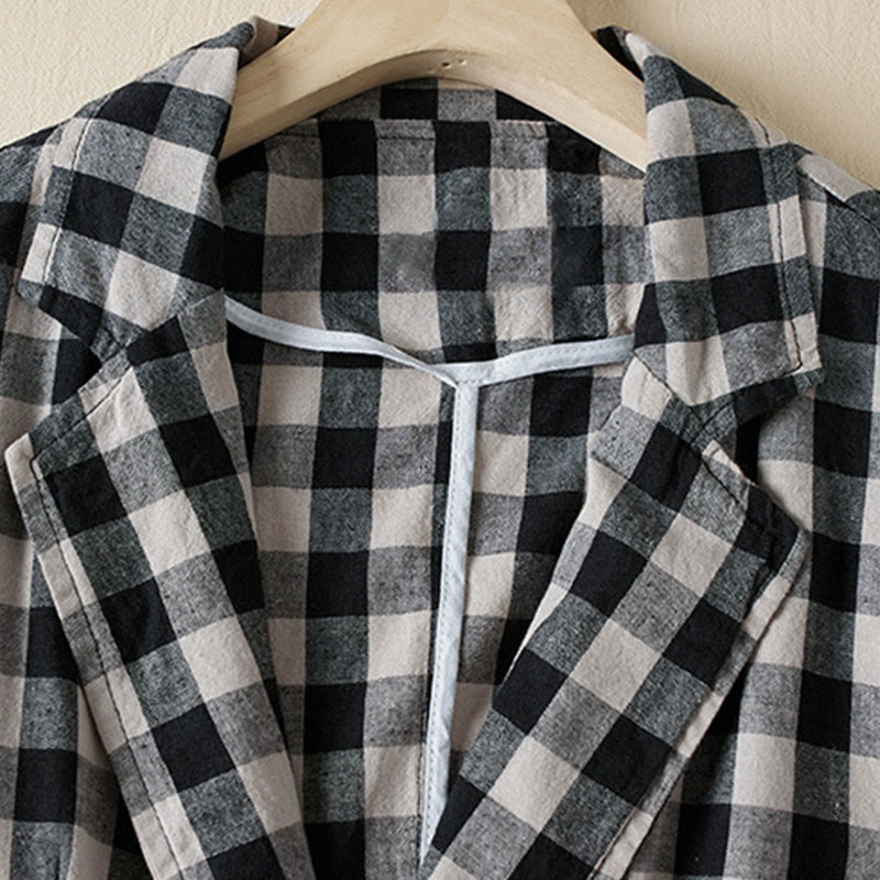 Buddha Stones Commute Plaid Pattern Women's Cotton Lapel Long Sleeve Jacket With Pockets