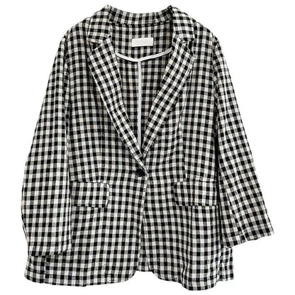 Buddha Stones Commute Plaid Pattern Women's Cotton Lapel Long Sleeve Jacket With Pockets