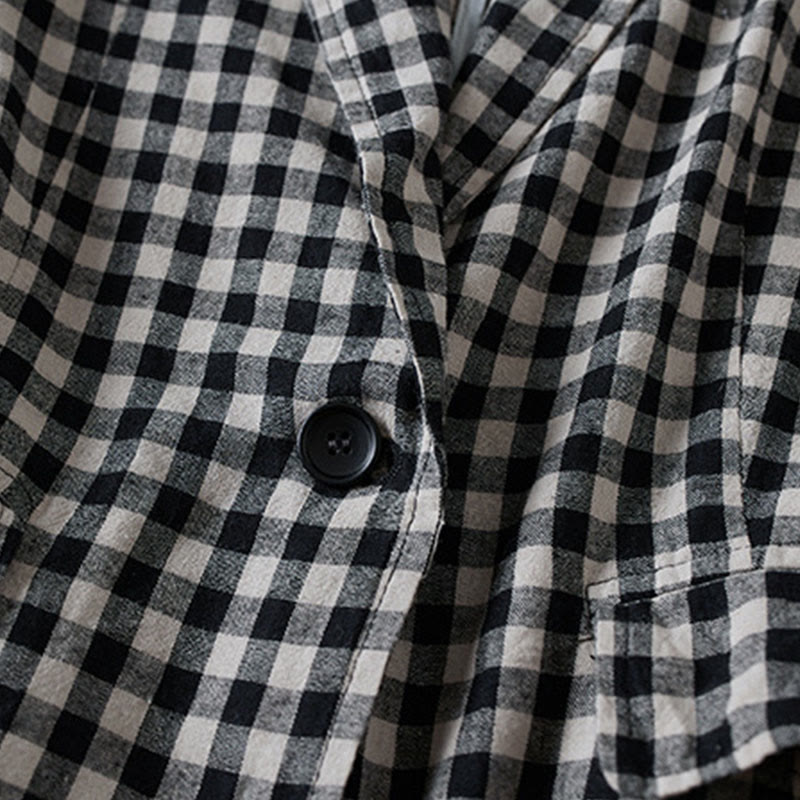Buddha Stones Commute Plaid Pattern Women's Cotton Lapel Long Sleeve Jacket With Pockets