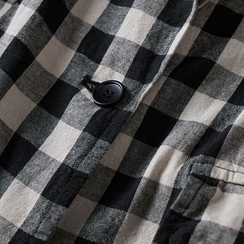 Buddha Stones Commute Plaid Pattern Women's Cotton Lapel Long Sleeve Jacket With Pockets