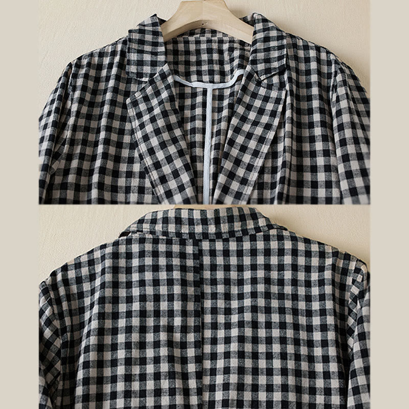 Buddha Stones Commute Plaid Pattern Women's Cotton Lapel Long Sleeve Jacket With Pockets