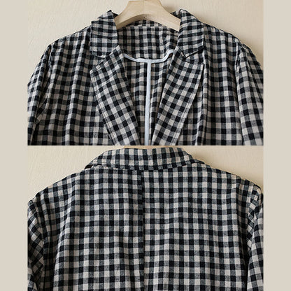 Buddha Stones Commute Plaid Pattern Women's Cotton Lapel Long Sleeve Jacket With Pockets