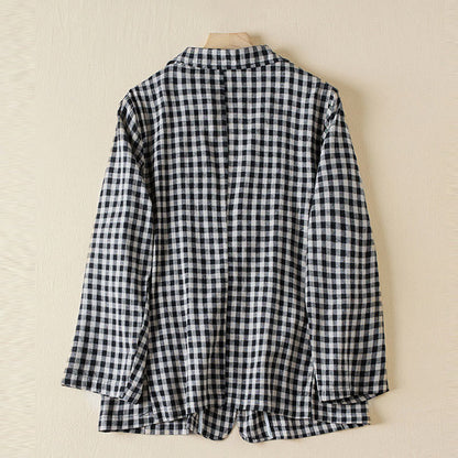 Buddha Stones Commute Plaid Pattern Women's Cotton Lapel Long Sleeve Jacket With Pockets